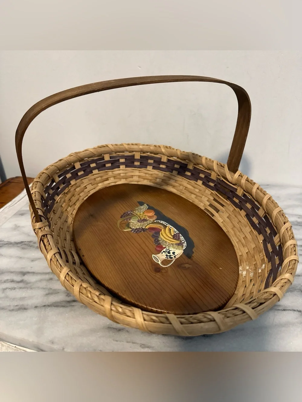 Nantucket style Woven painted Fruit Basket Tray with Wooden Handle - Brown folk
